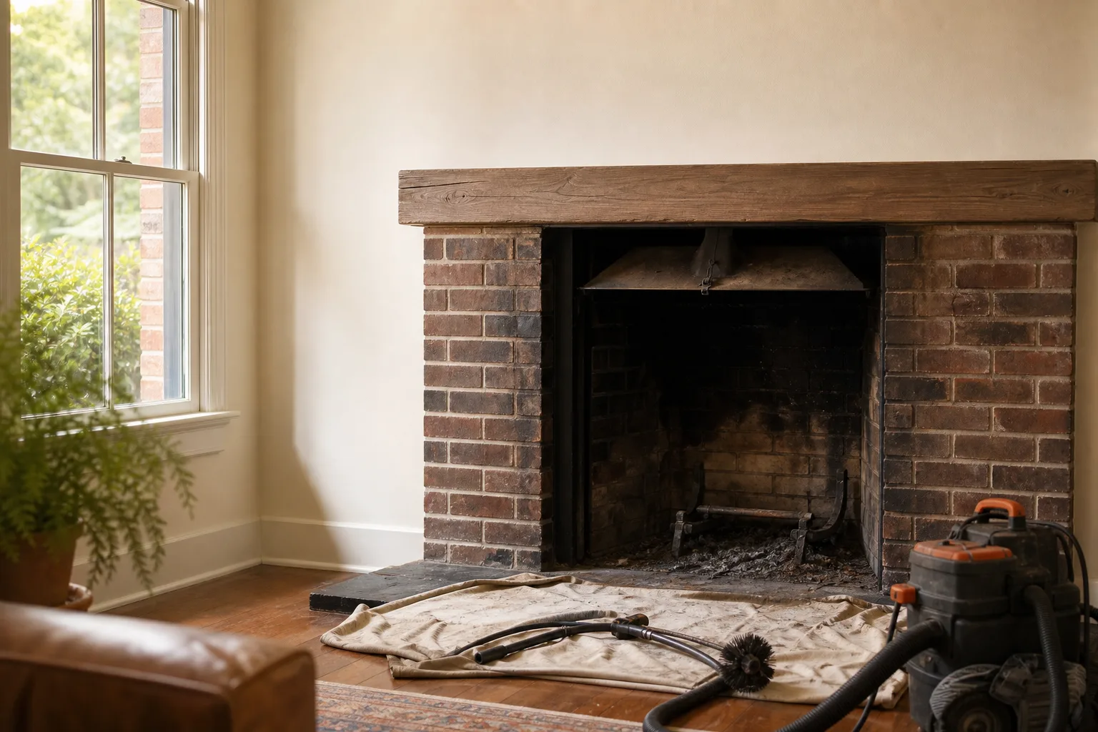 Unused sooty firebox and open damper in a humid summer room by a window