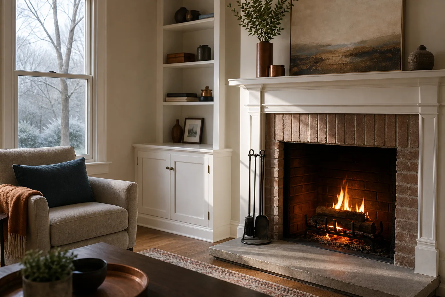 Small wood fire burning in a living-room fireplace with light frost on the window