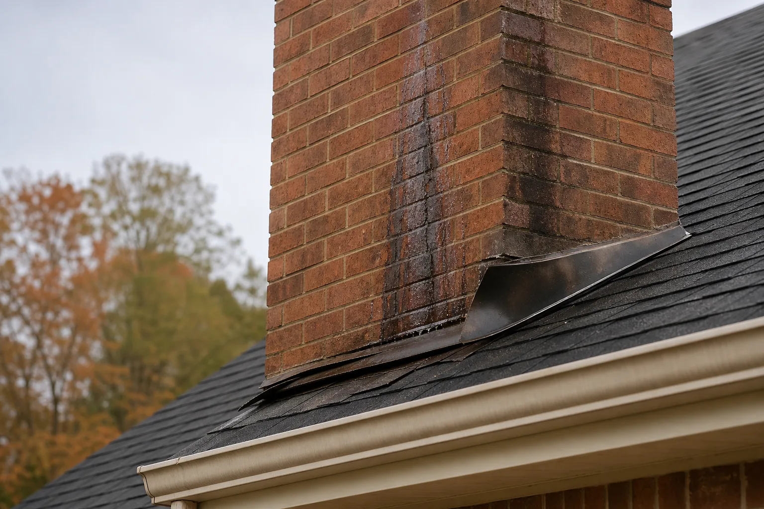 Rain streaming down brick chimney where storm winds lifted the roof flashing