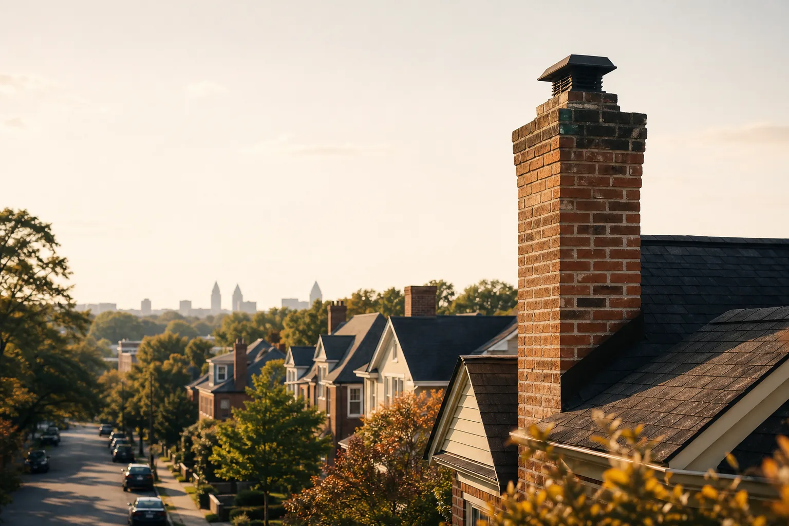 Sunlit Atlanta street where older brick homes and newer builds share visible roof chimneys Sunlit Atlanta street where older brick homes and newer builds share visible roof chimneys
