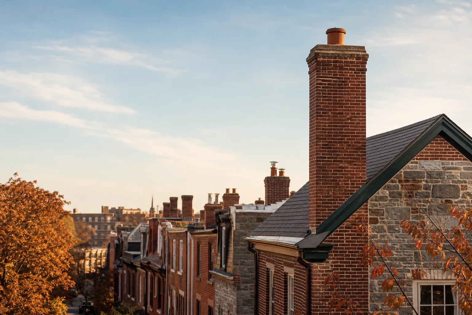 Rows of pre-war Baltimore brick homes with tall original chimney stacks on a clear day Rows of pre-war Baltimore brick homes with tall original chimney stacks on a clear day