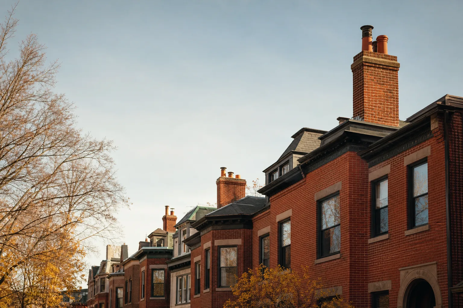 Crisp daylight over Boston masonry rowhouses topped by tall brick chimney stacks Crisp daylight over Boston masonry rowhouses topped by tall brick chimney stacks