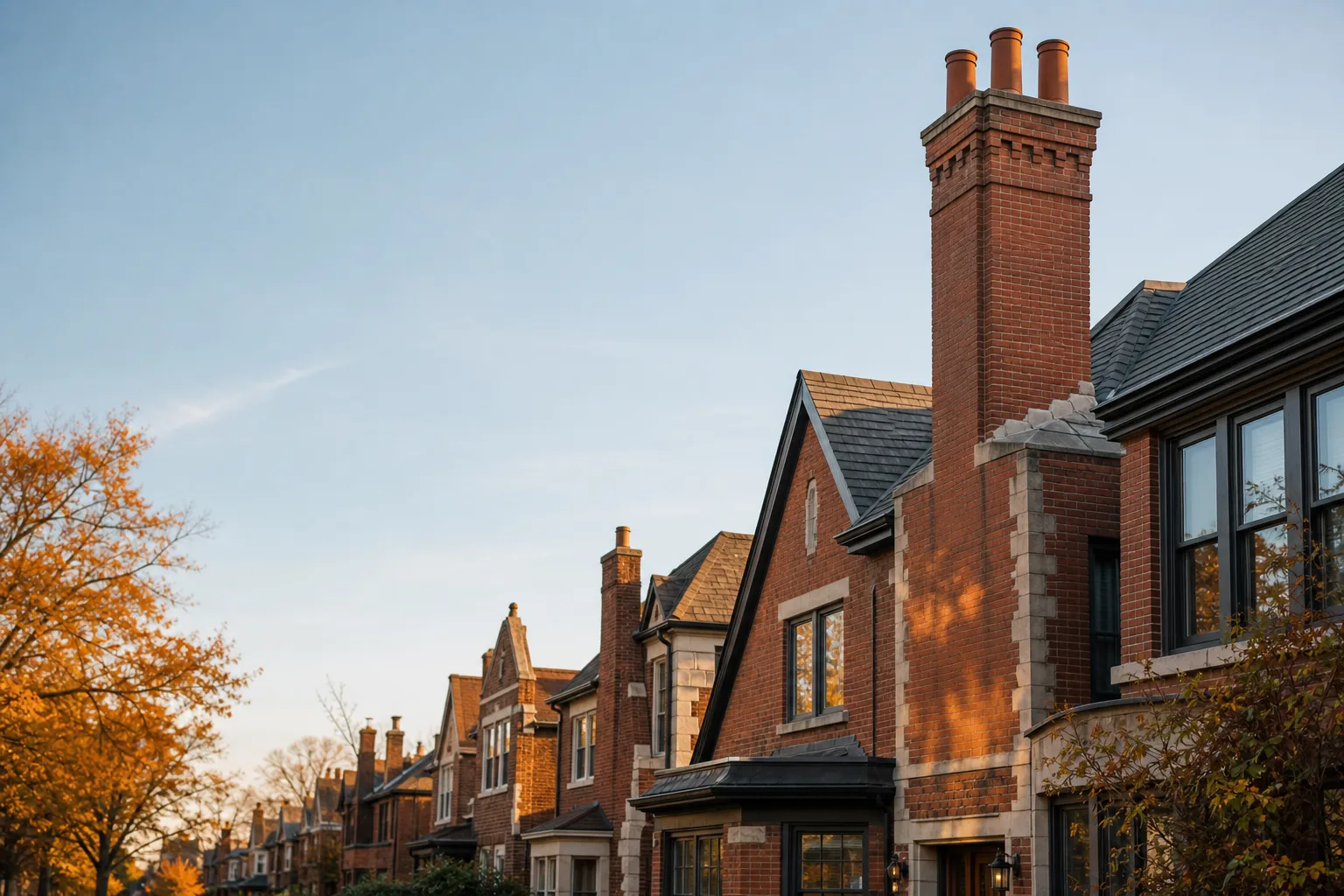 Chicago block of pre-war brick homes with original chimney stacks against clear sky Chicago block of pre-war brick homes with original chimney stacks against clear sky