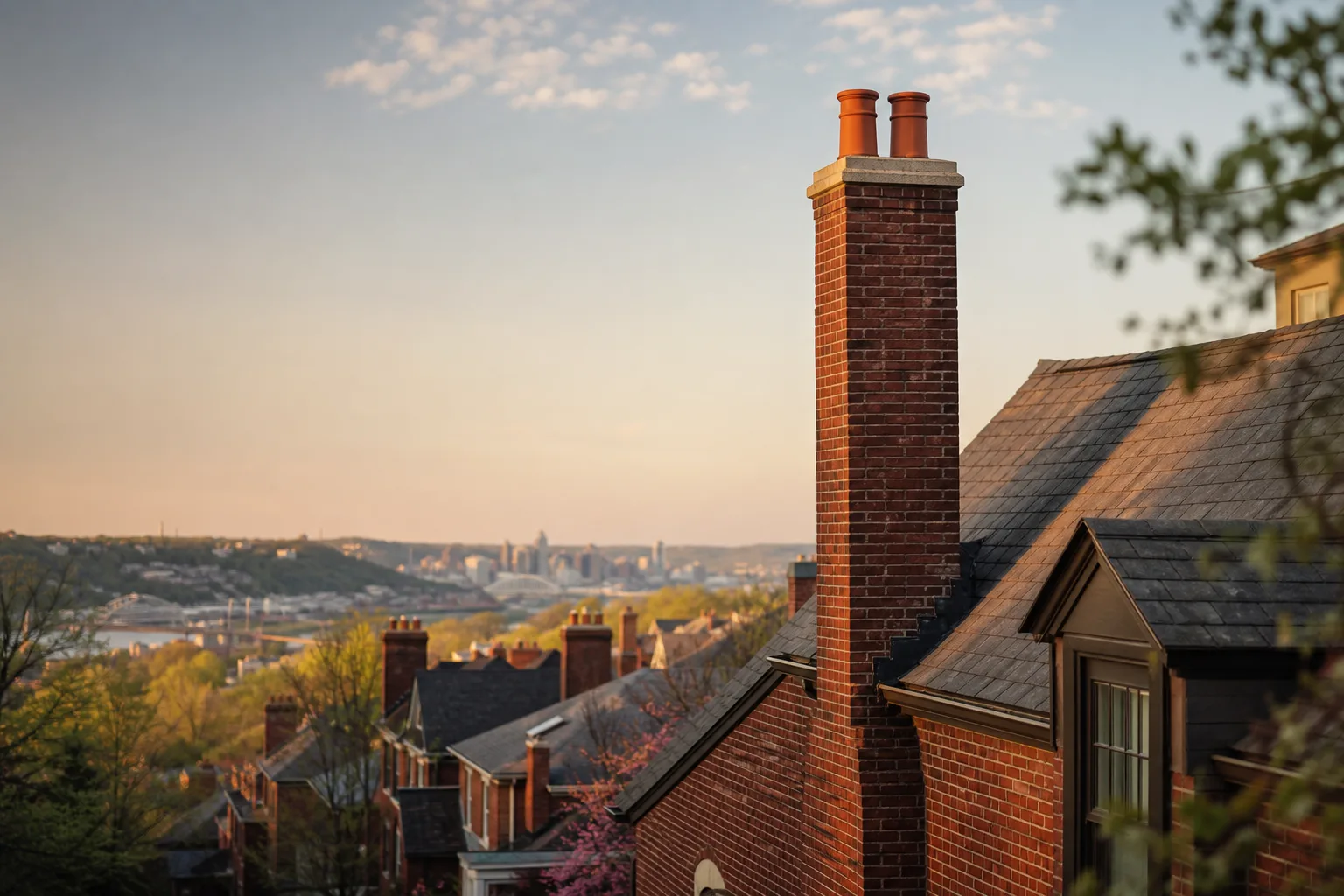 Cincinnati hillside brick homes with tall chimney stacks above the rooftops Cincinnati hillside brick homes with tall chimney stacks above the rooftops
