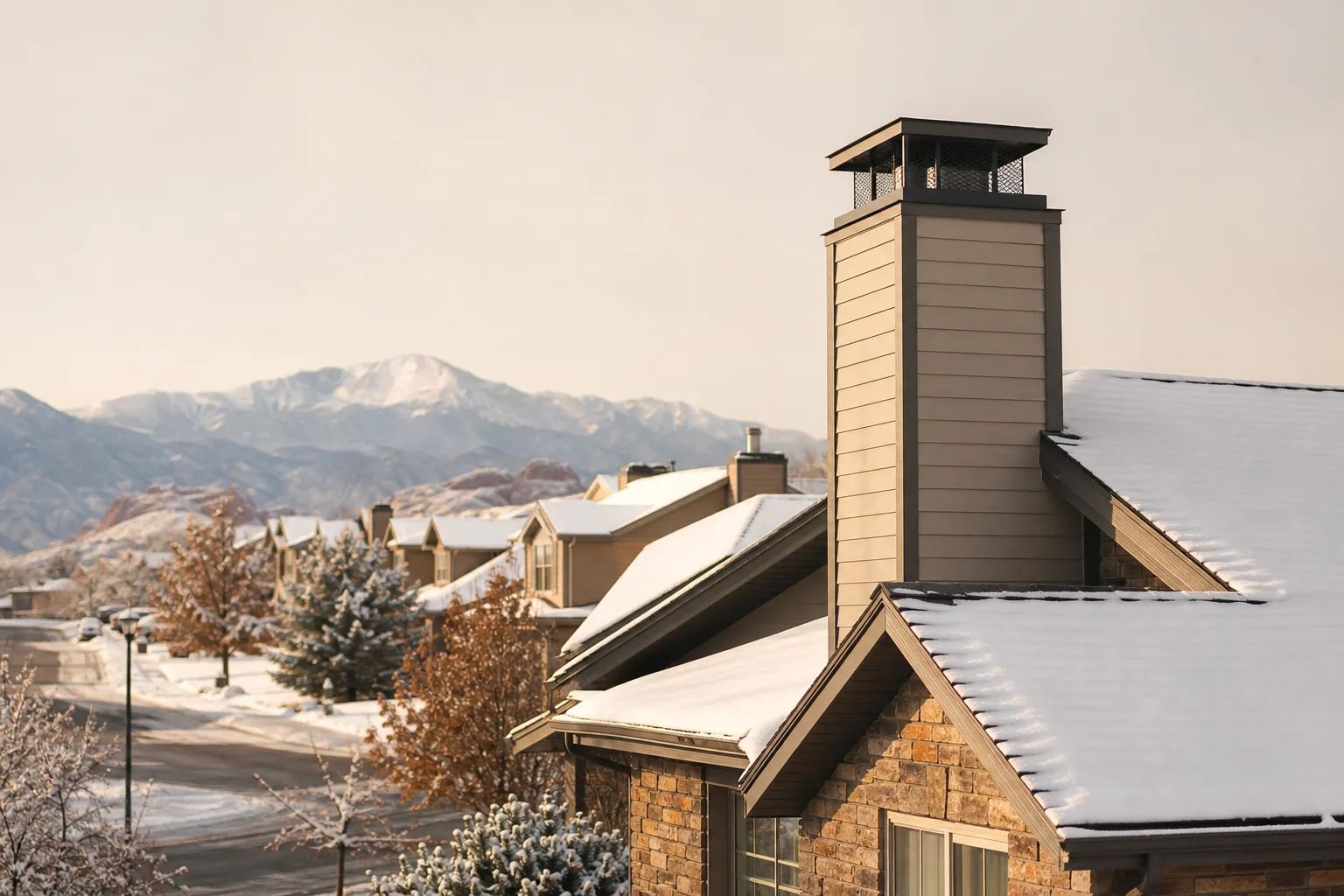 Snow-covered Colorado Springs street with sided chimney chases and metal covers on rooflines Snow-covered Colorado Springs street with sided chimney chases and metal covers on rooflines