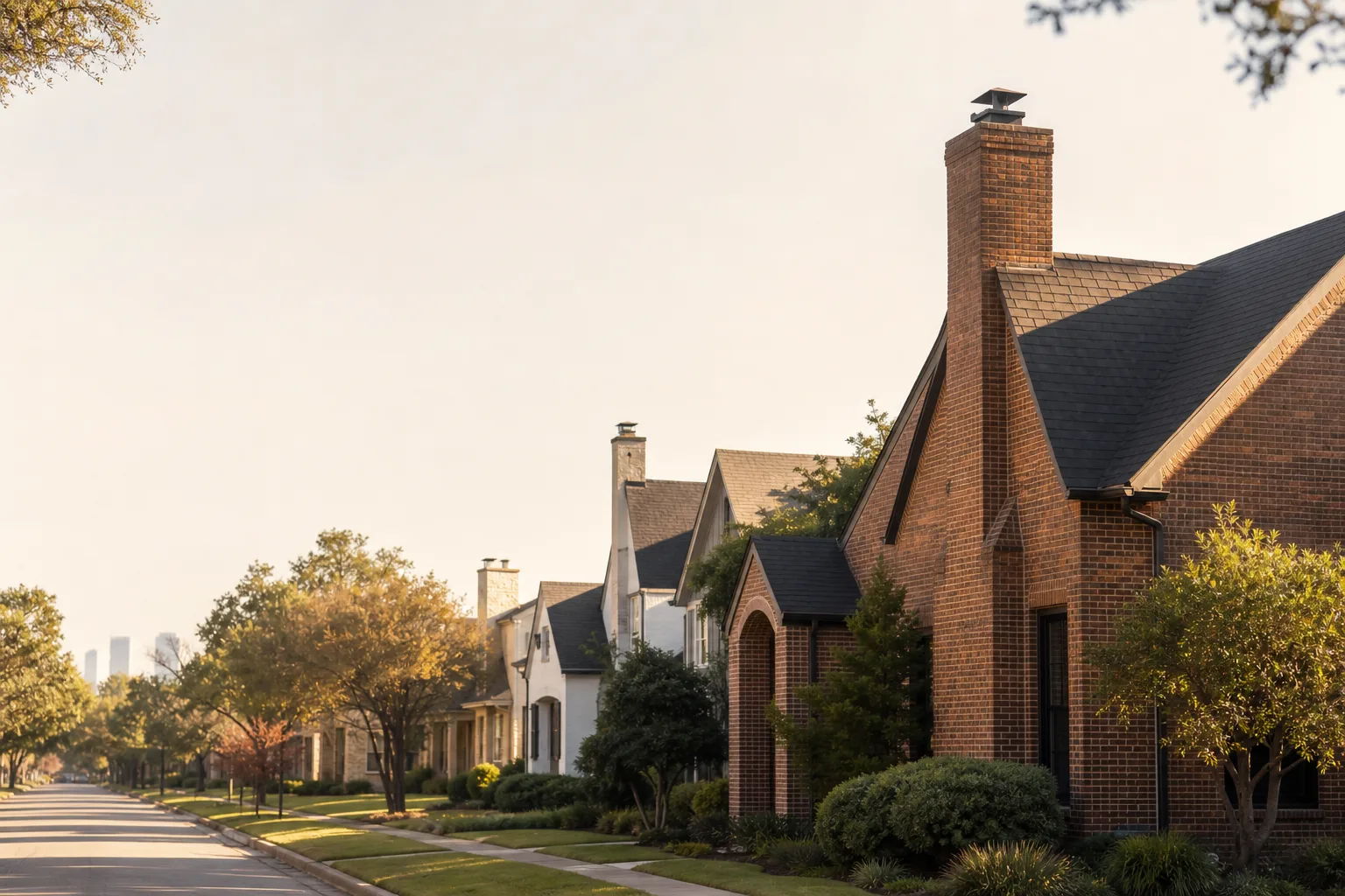 Bright Dallas street mixing older brick houses and new construction with rooftop chimneys Bright Dallas street mixing older brick houses and new construction with rooftop chimneys