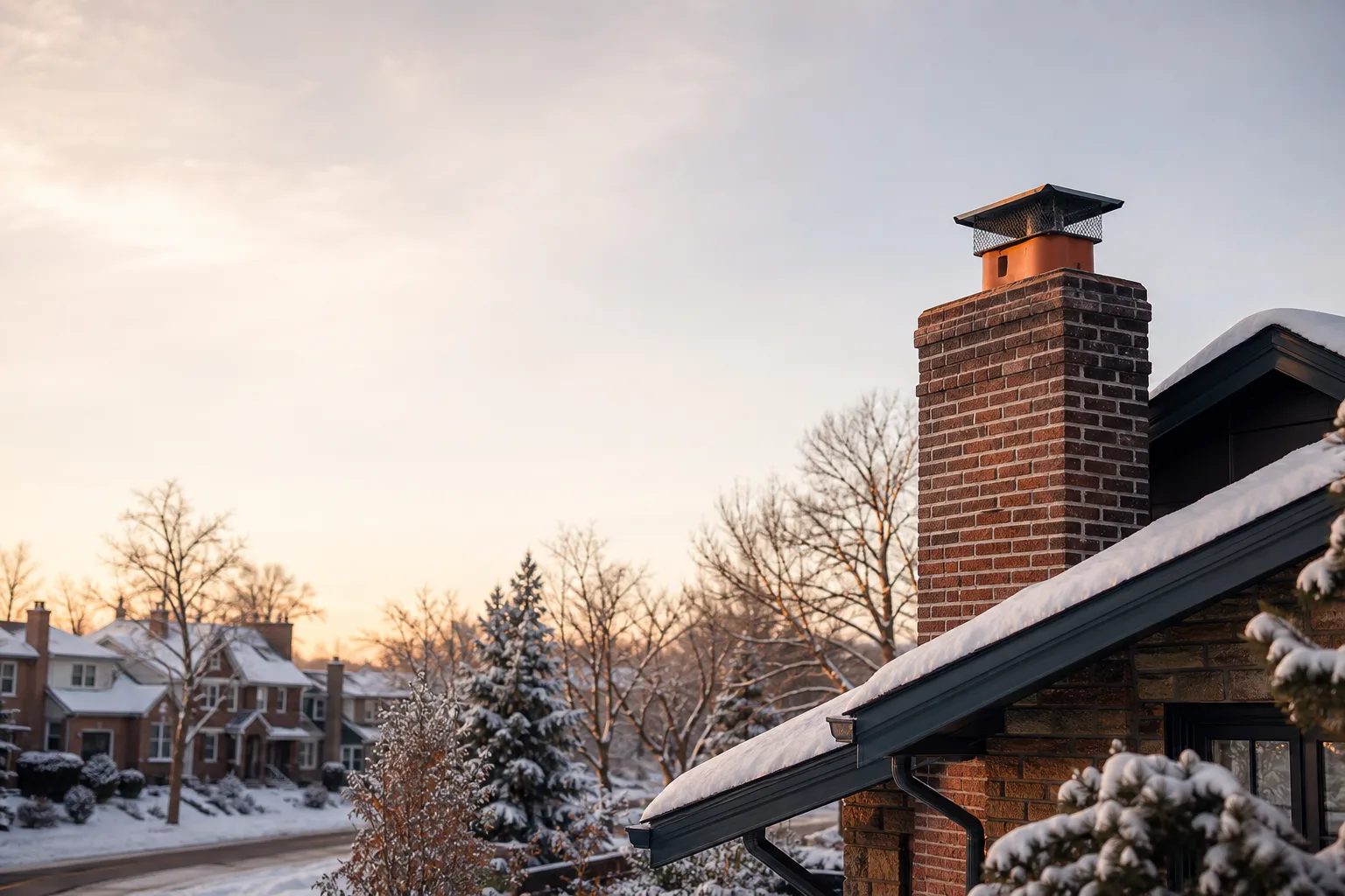 Fresh snow on a Denver street lined with masonry homes and roofline chimney stacks Fresh snow on a Denver street lined with masonry homes and roofline chimney stacks