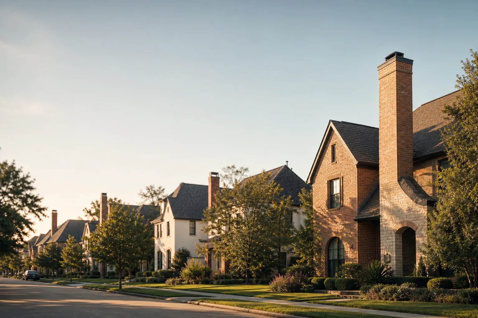 Houston residential block of brick and newer homes with chimneys along the rooflines Houston residential block of brick and newer homes with chimneys along the rooflines