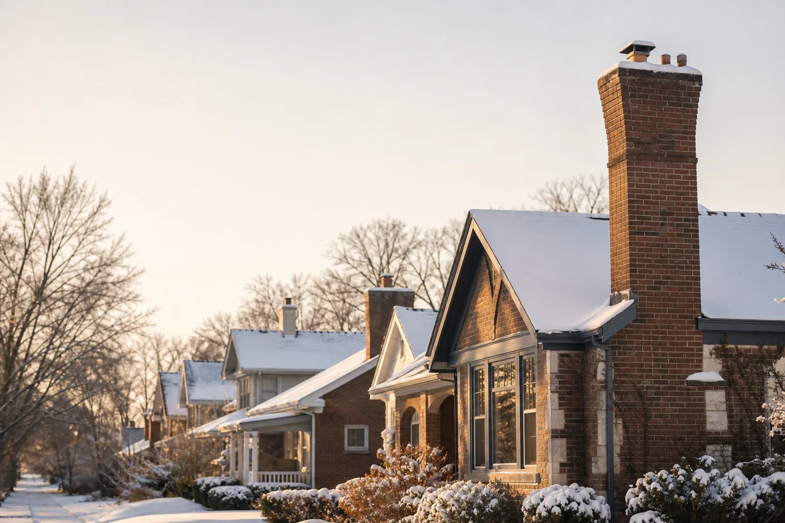 Snowy Indianapolis street with century masonry and postwar homes showing chimney stacks Snowy Indianapolis street with century masonry and postwar homes showing chimney stacks
