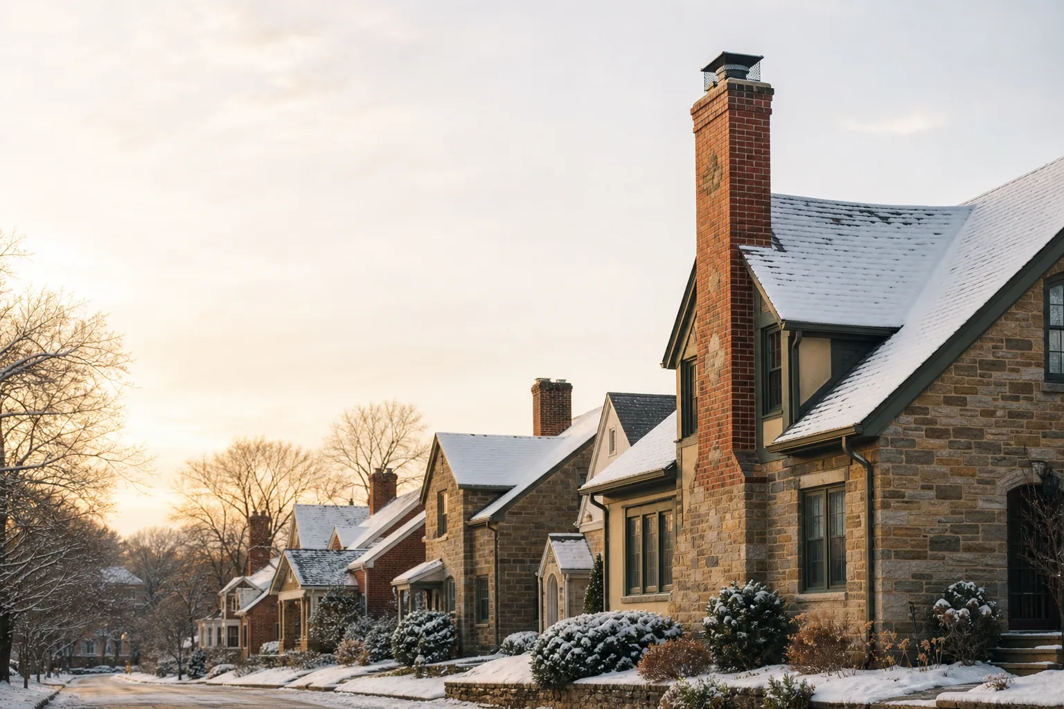 Kansas City homes under fresh snow, brick chimney stacks rising above the rooflines Kansas City homes under fresh snow, brick chimney stacks rising above the rooflines