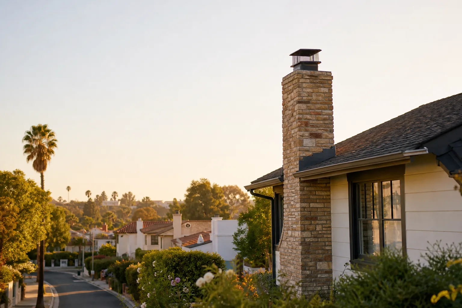 Sunny Los Angeles street of older masonry and postwar homes with rooftop chimneys Sunny Los Angeles street of older masonry and postwar homes with rooftop chimneys