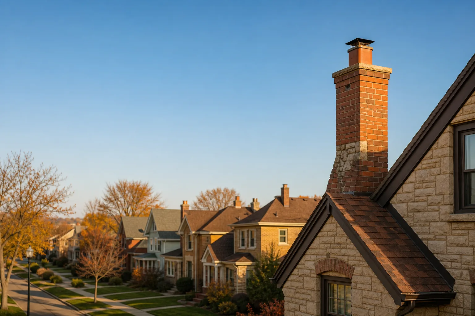 Clear cold day on a Milwaukee street of masonry homes with roofline chimney stacks Clear cold day on a Milwaukee street of masonry homes with roofline chimney stacks