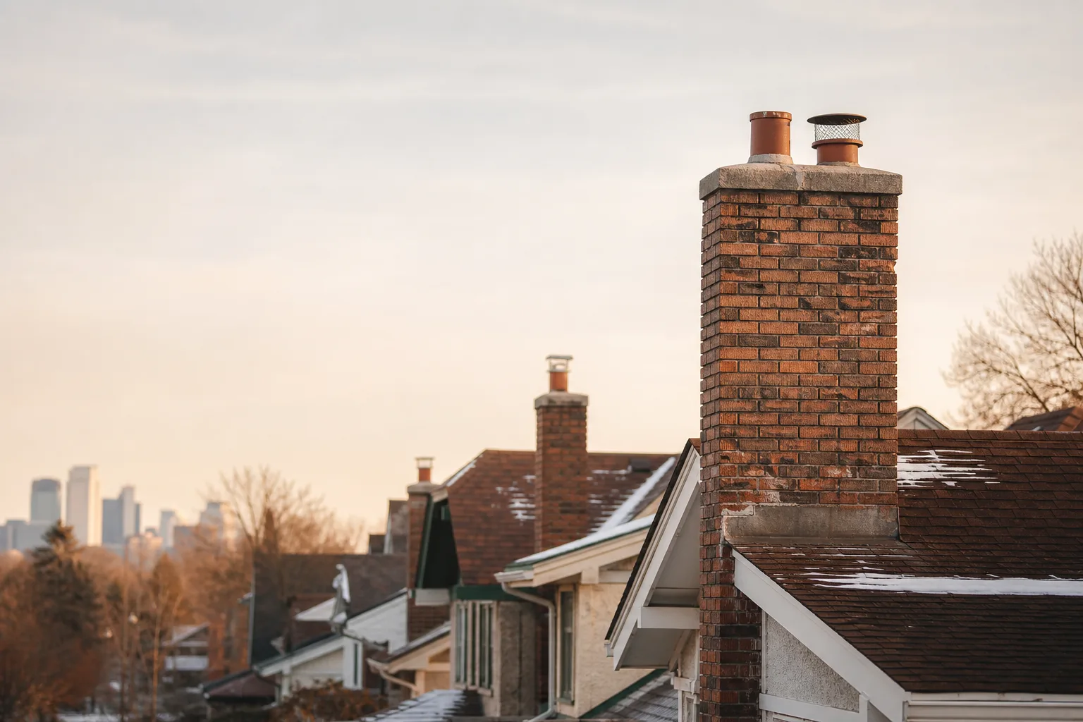 Minneapolis street with snow-dusted roofs and a solid brick chimney in the foreground