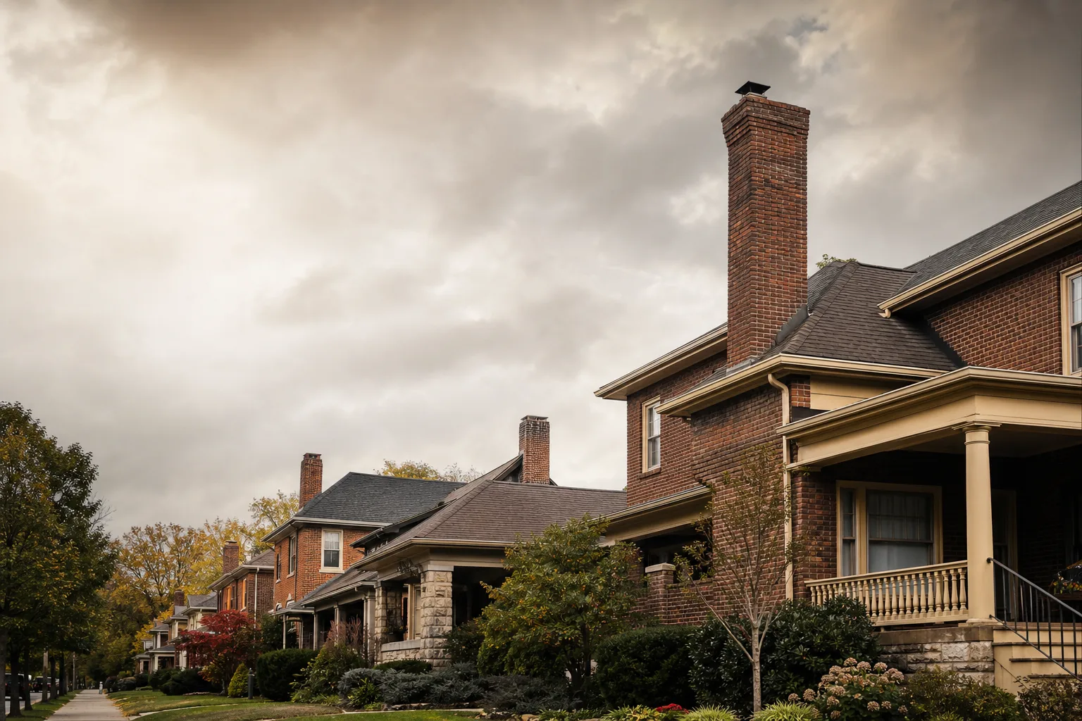 Nashville brick homes with wide porches and a chimney beneath approaching storm light