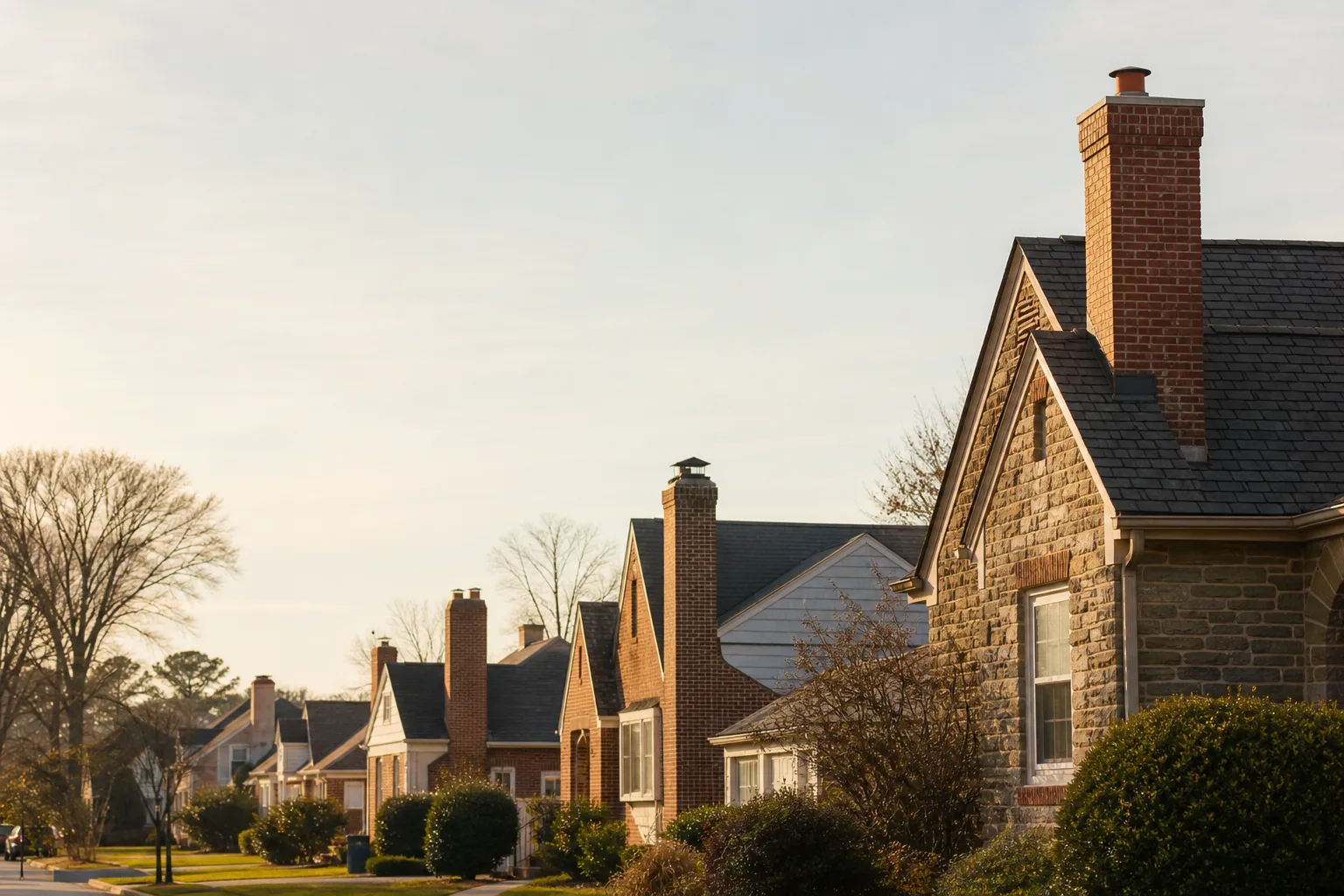 Warm daylight on Norfolk homes, century masonry and postwar roofs with chimney stacks Warm daylight on Norfolk homes, century masonry and postwar roofs with chimney stacks