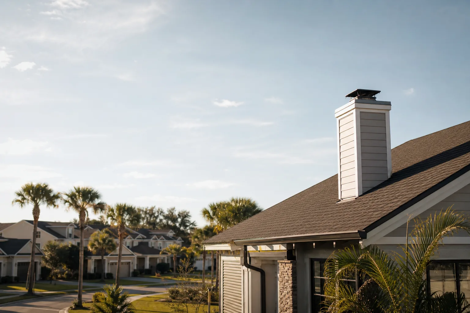 Orlando street of newer homes with sided chimney chases and metal chimney covers in bright sun Orlando street of newer homes with sided chimney chases and metal chimney covers in bright sun