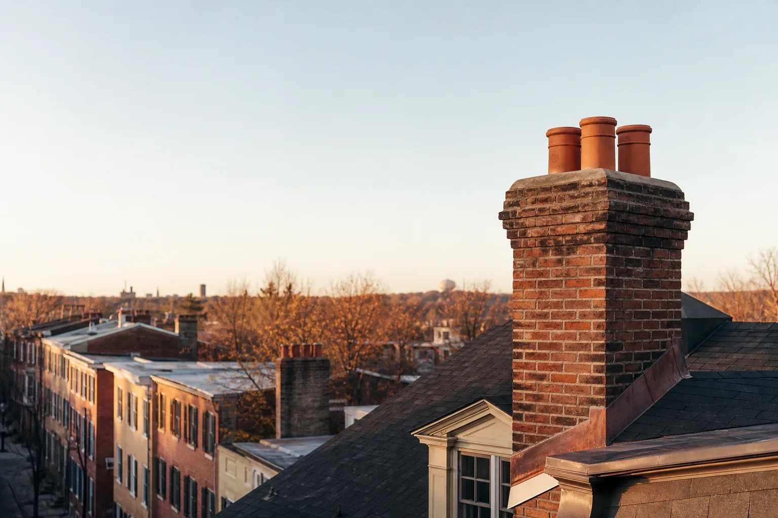 Philadelphia block of pre-war brick rowhomes with tall masonry chimney stacks on a clear day Philadelphia block of pre-war brick rowhomes with tall masonry chimney stacks on a clear day