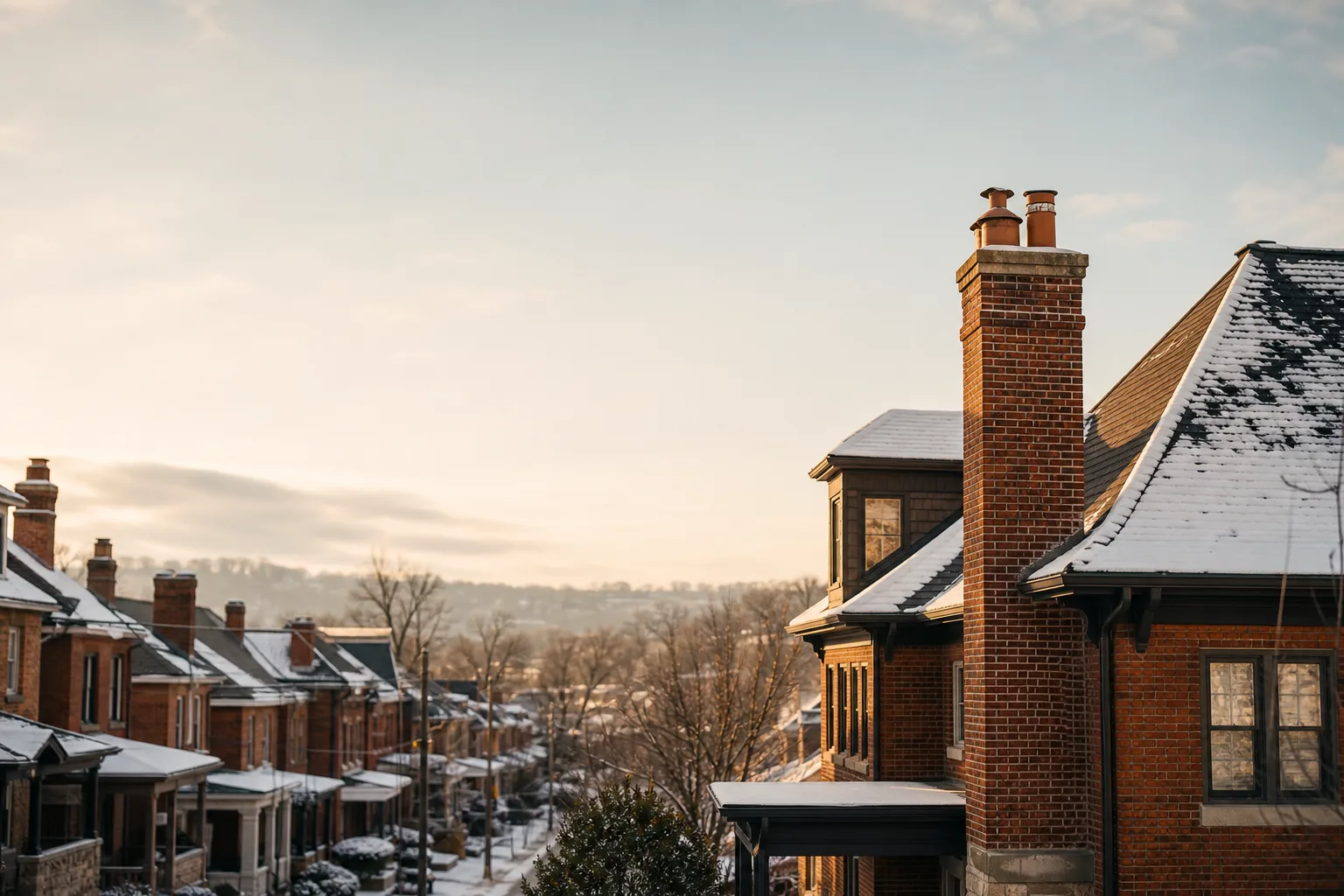 Snow-covered Pittsburgh street lined with brick homes and tall original chimney stacks Snow-covered Pittsburgh street lined with brick homes and tall original chimney stacks