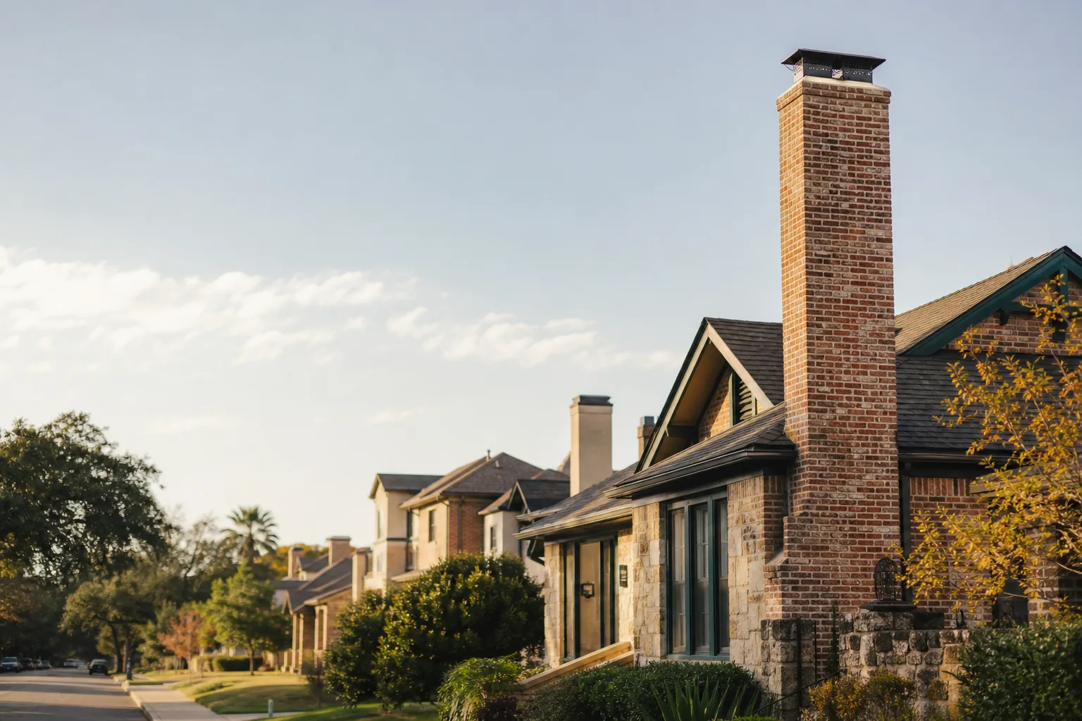 San Antonio residential street where brick and newer houses show chimneys against bright sky San Antonio residential street where brick and newer houses show chimneys against bright sky
