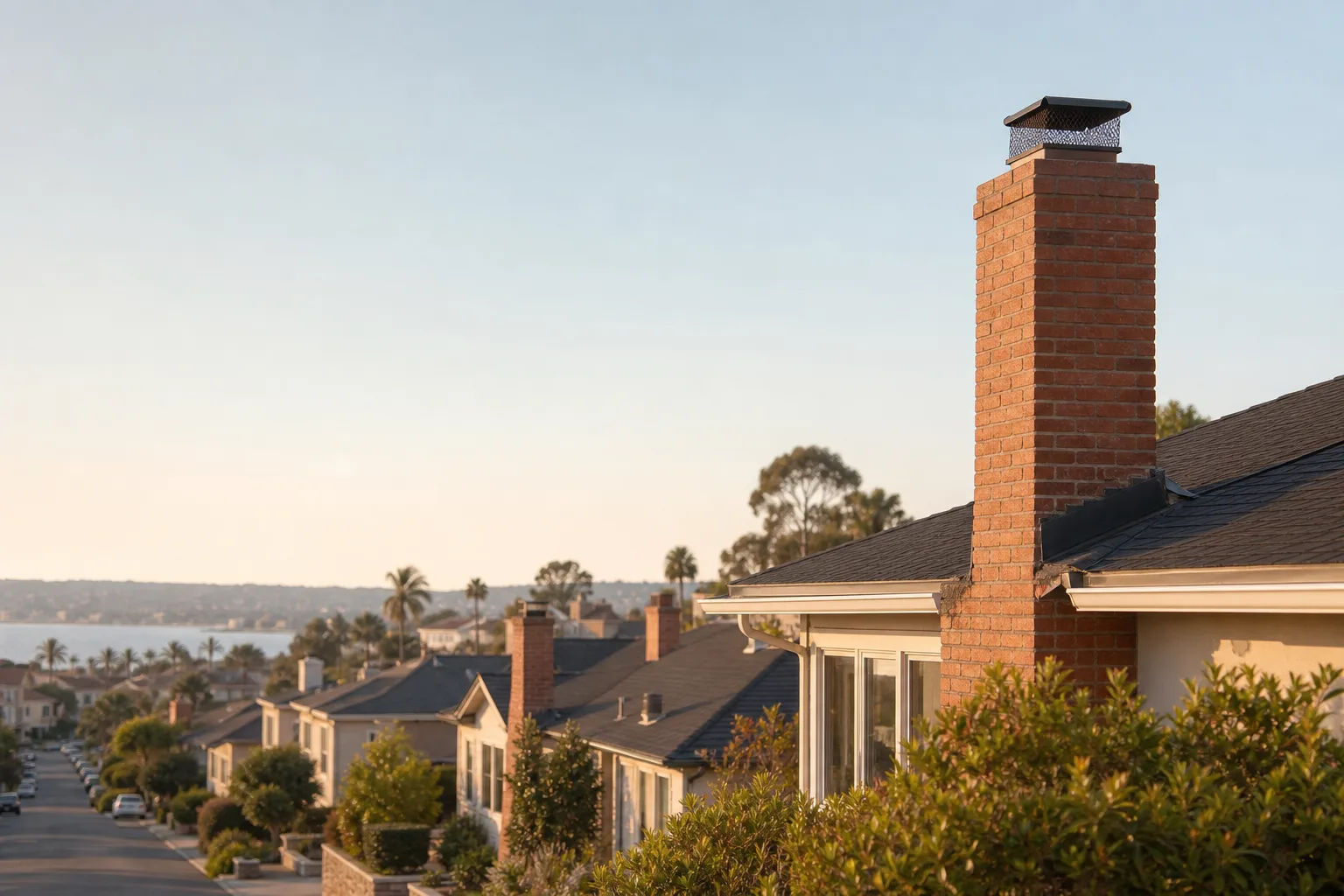 Sunlit San Diego street with brick and stucco homes, a chimney standing out on the roofline Sunlit San Diego street with brick and stucco homes, a chimney standing out on the roofline