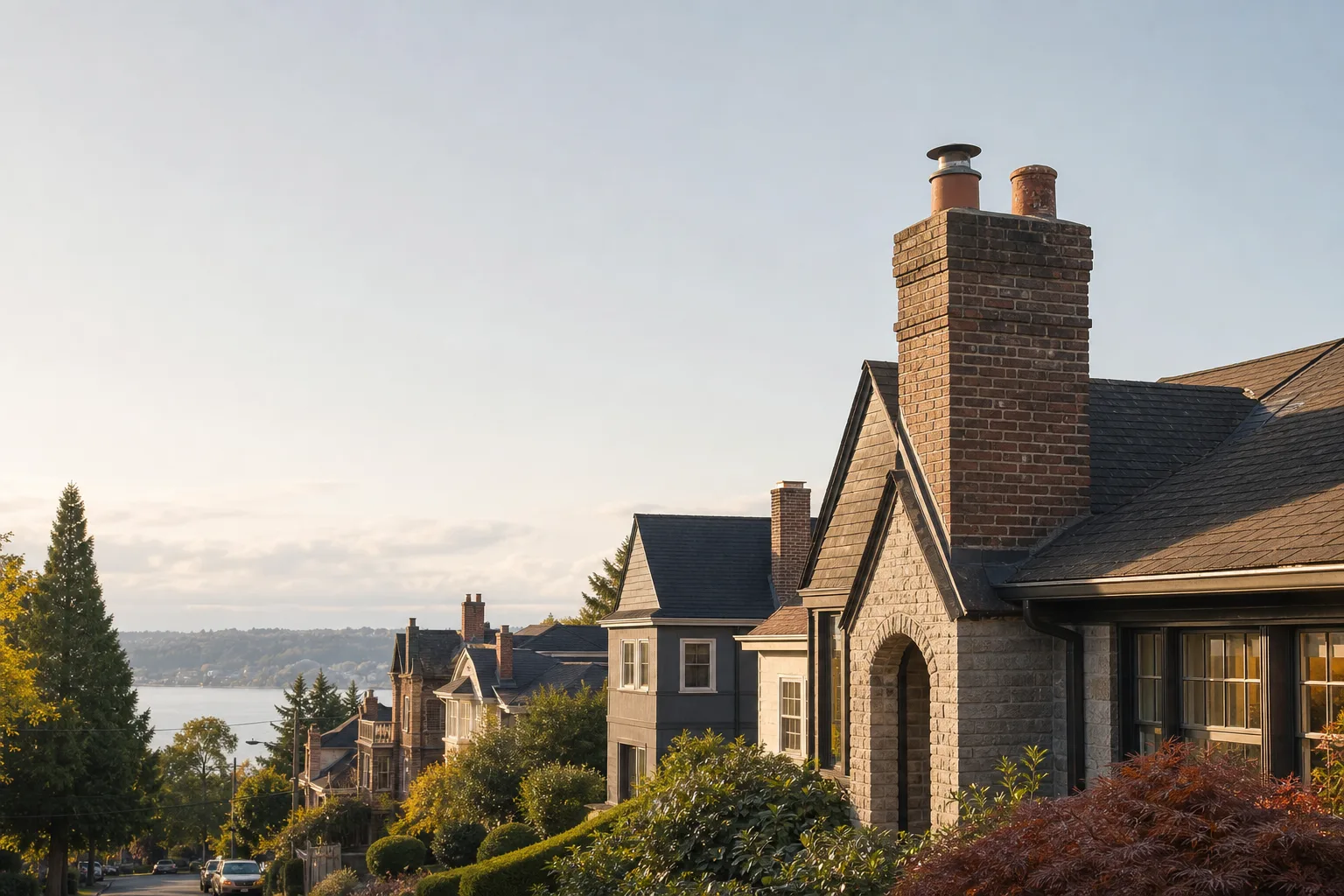 Seattle block of masonry and postwar houses with chimney stacks along the rooftops Seattle block of masonry and postwar houses with chimney stacks along the rooftops