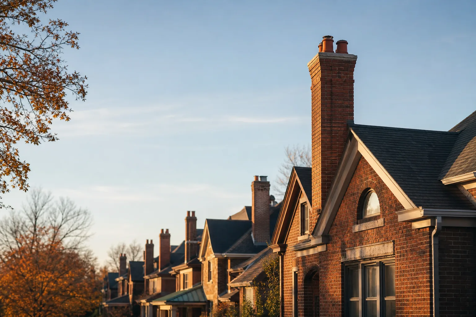 St. Louis street of pre-war brick homes with tall chimney stacks under clear skies