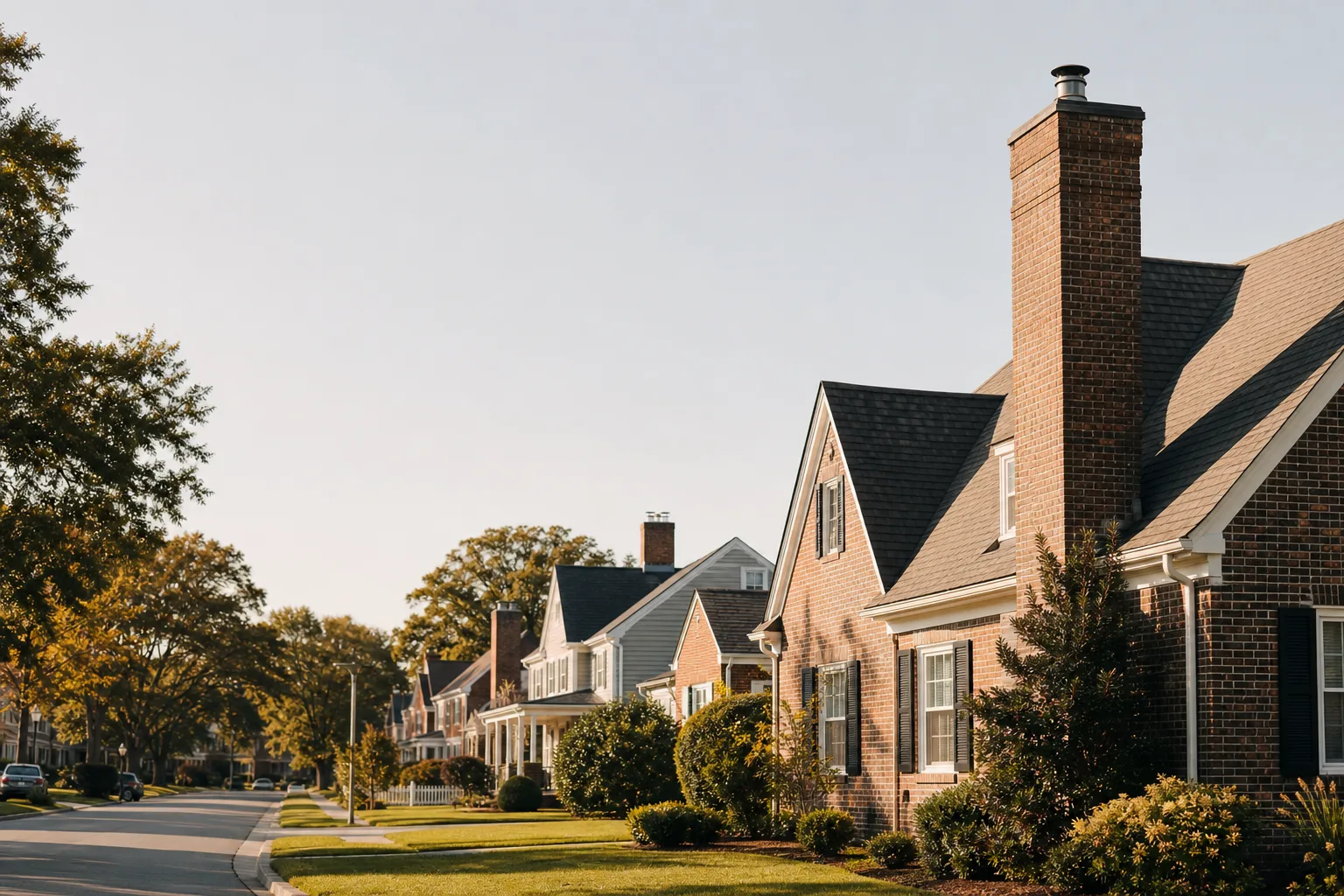 Virginia Beach street with older brick and newer homes, chimneys visible in bright daylight Virginia Beach street with older brick and newer homes, chimneys visible in bright daylight