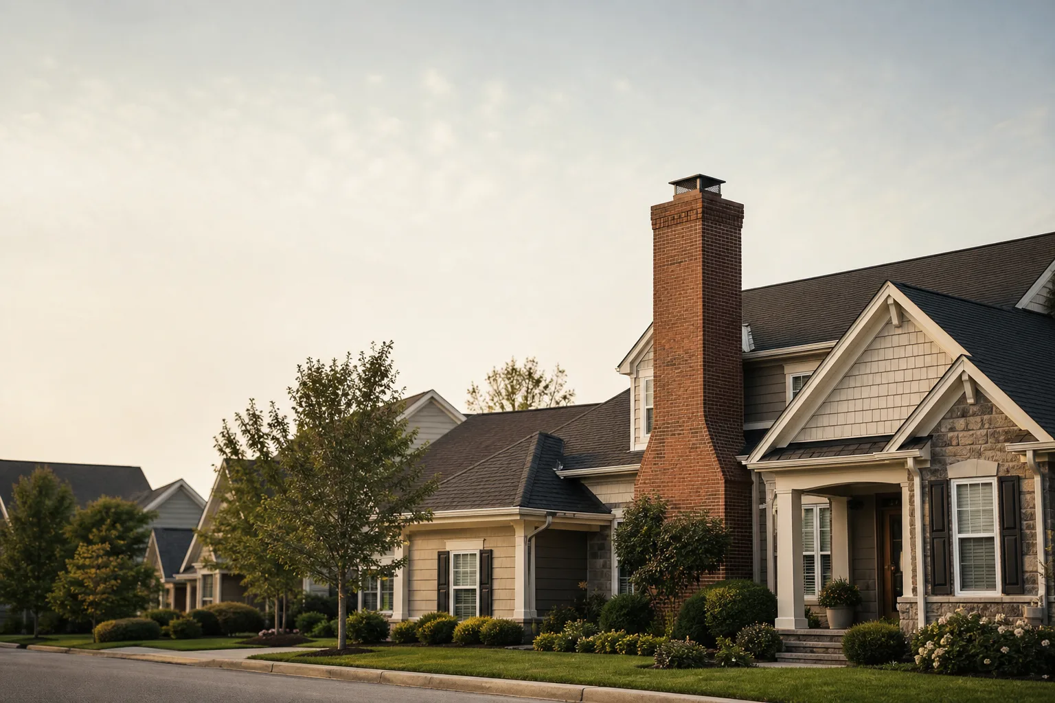 Two-story suburban home seen from the street with a brick chimney above the roofline