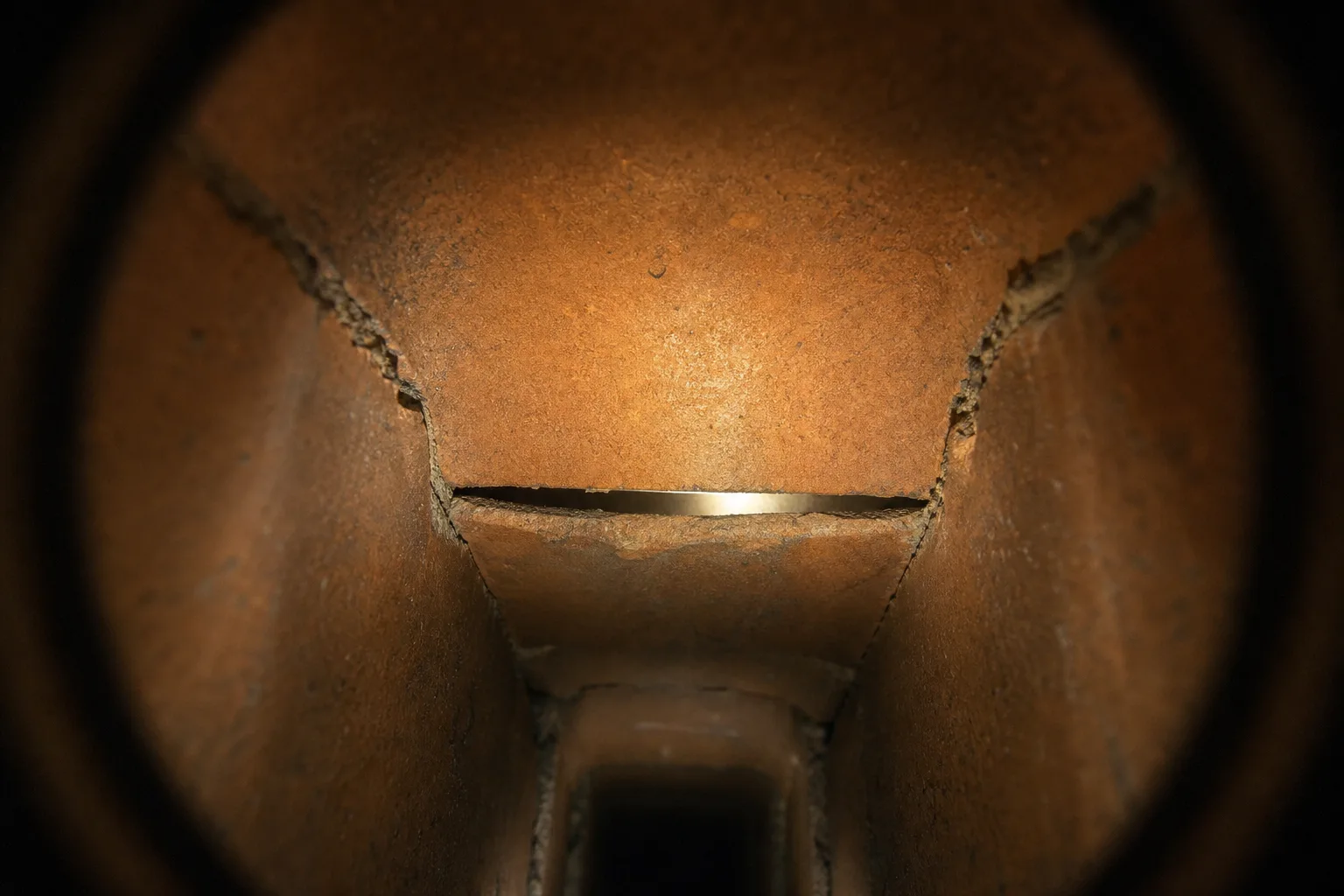 Inspection camera view of an open unmortared joint between two clay flue tiles