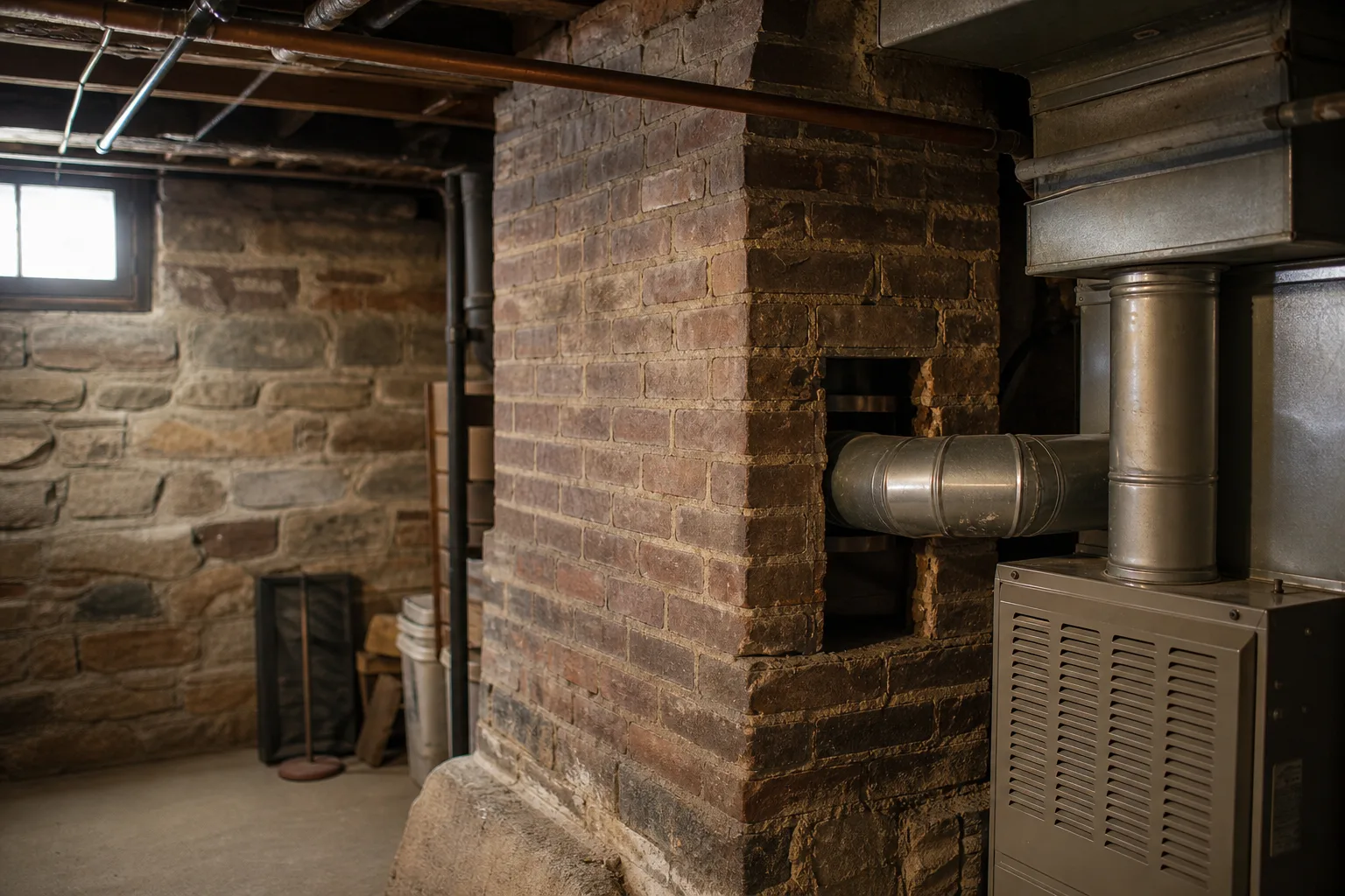 Modern gas furnace vented into an oversized original brick flue in a pre-war basement