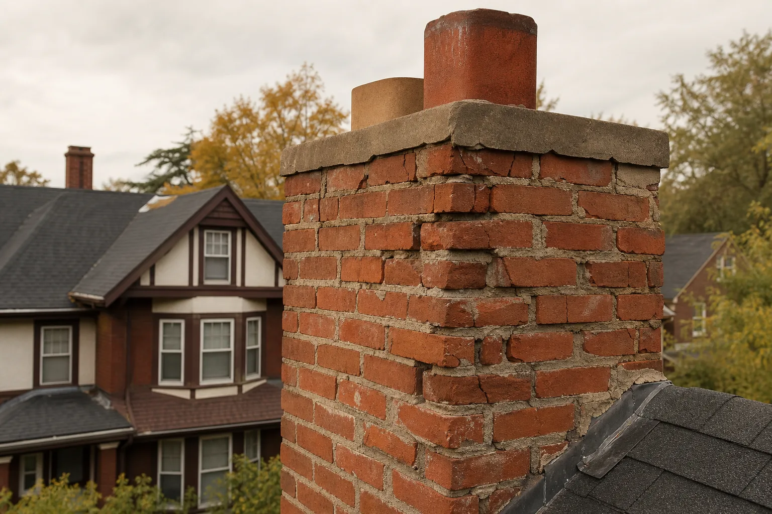Century-old chimney brick flaking in sheets with lime mortar washed back between courses