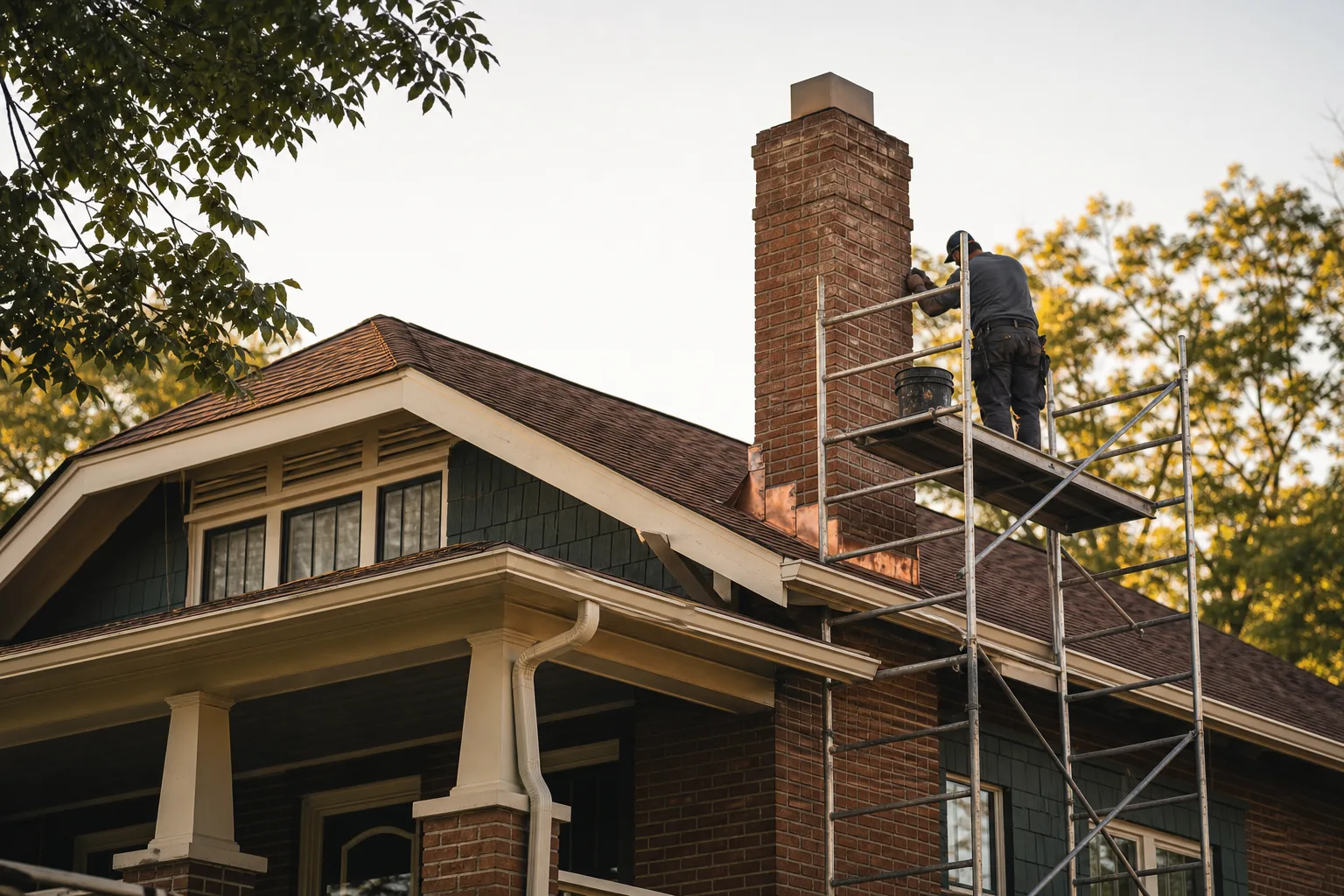 Brick chimney on a 1920s Craftsman bungalow shaded by mature street trees