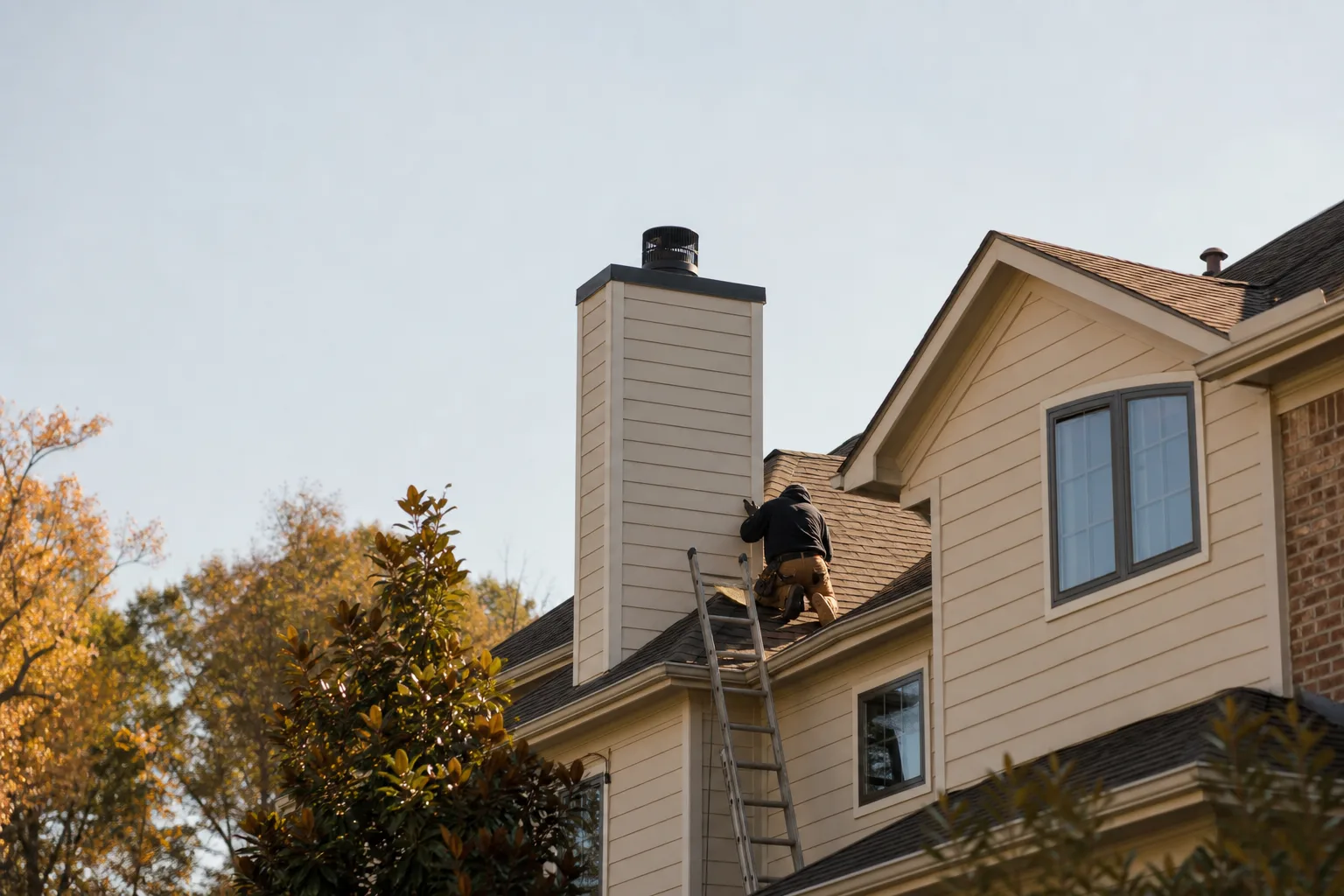 Tall sided chimney chase with metal chase cover on a newer two-storey home