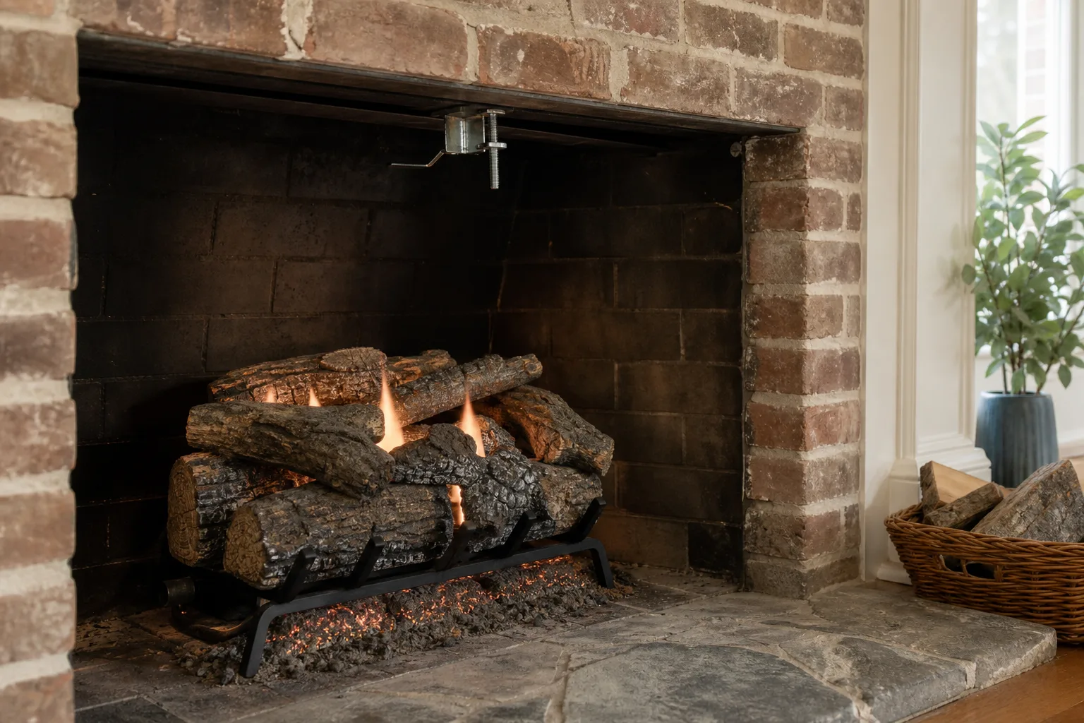 Ceramic gas log set and burner inside a masonry fireplace with damper clamp above