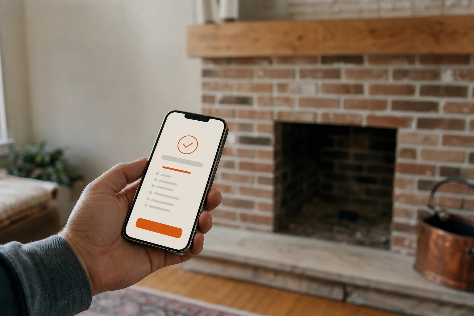 Homeowner holds a phone showing a booking confirmation with a brick fireplace blurred behind