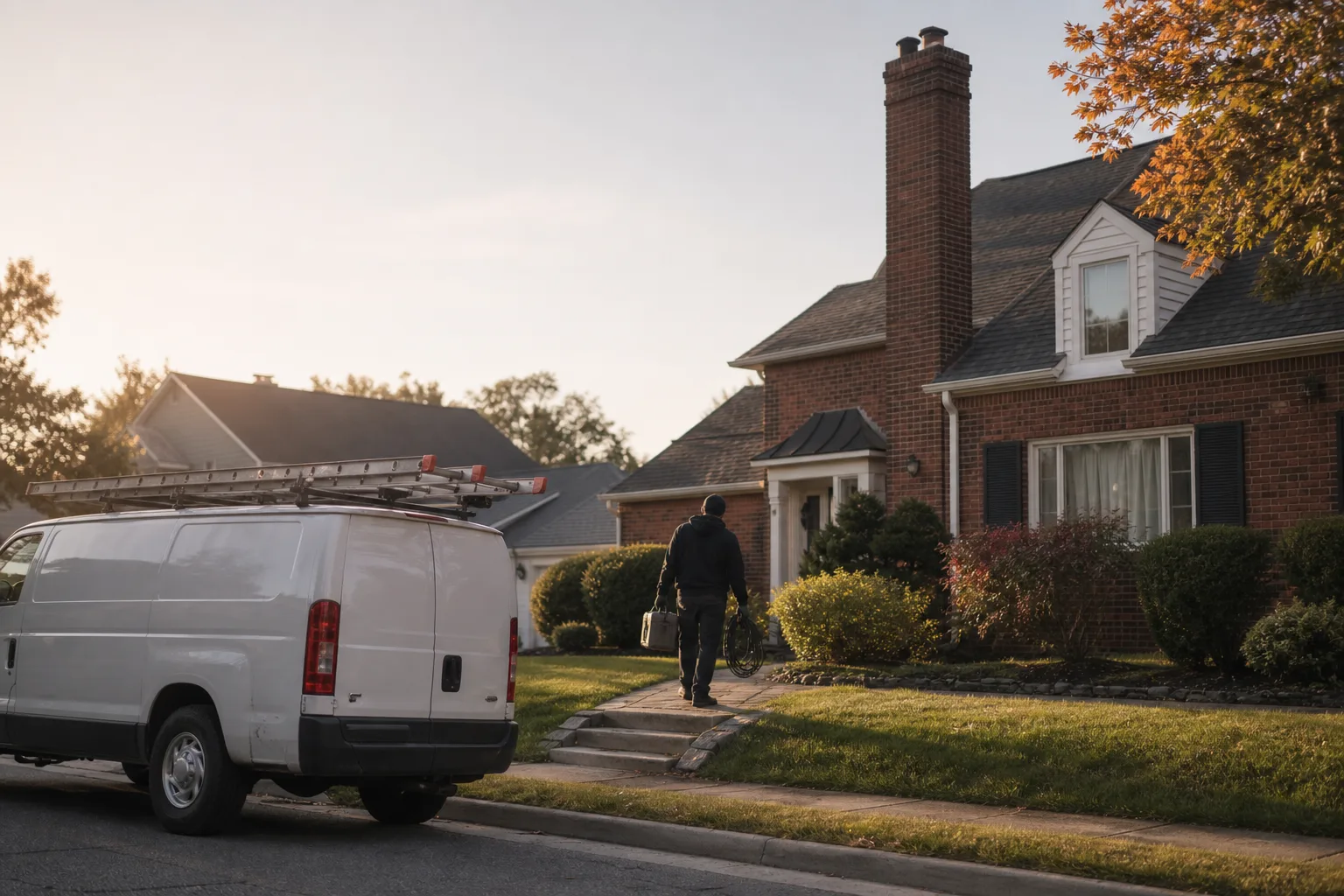 Plain work van with roof ladder parked at the kerb as a technician carries gear to a house