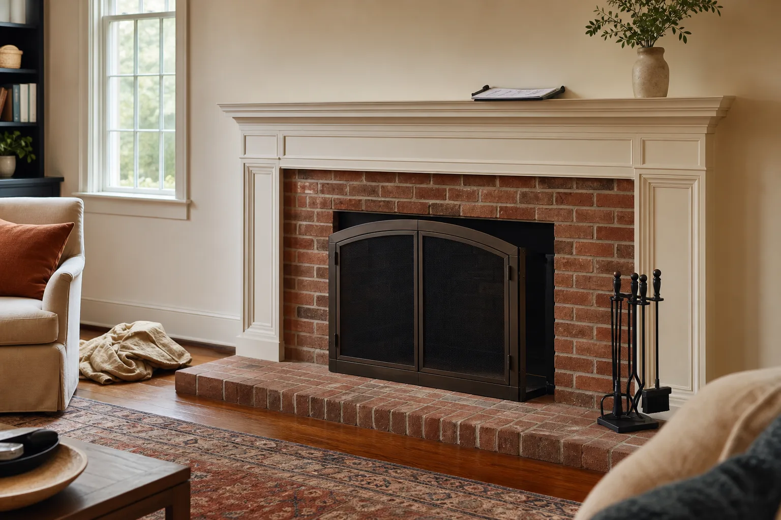 Swept hearth with a drop cloth being folded and a service report resting on the mantel