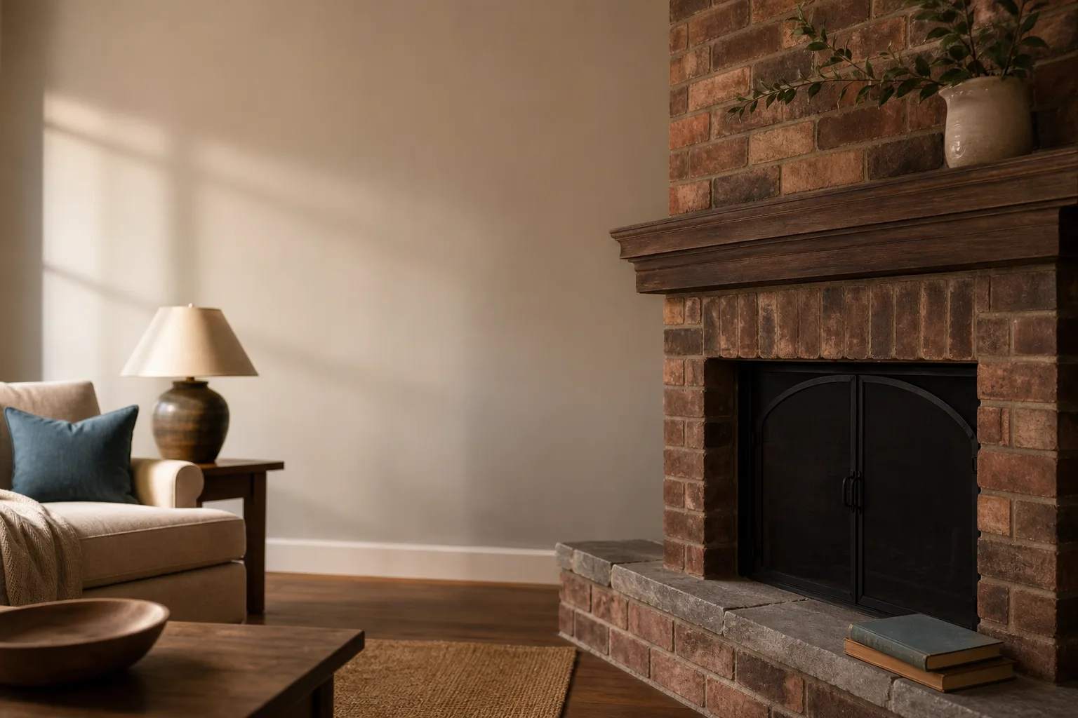 Brick fireplace in a dim living room with two books resting on the hearth Brick fireplace in a dim living room with two books resting on the hearth