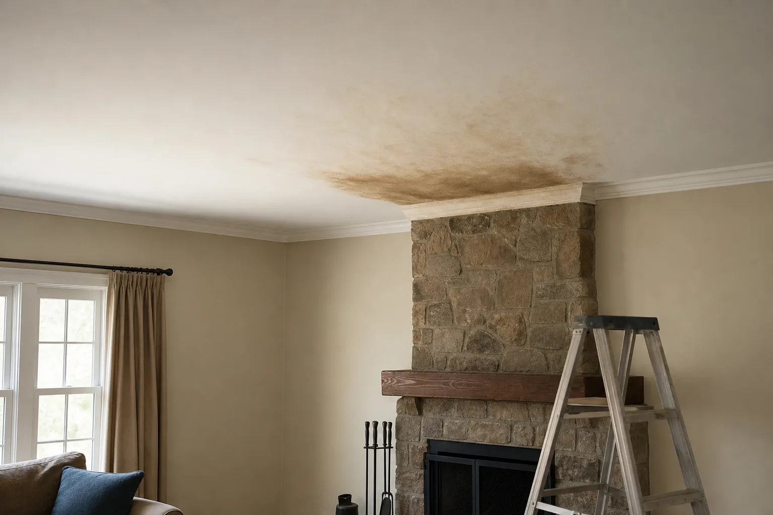 Brown water stain spreading across a living room ceiling next to a chimney breast above an unlit fireplace Brown water stain spreading across a living room ceiling next to a chimney breast above an unlit fireplace