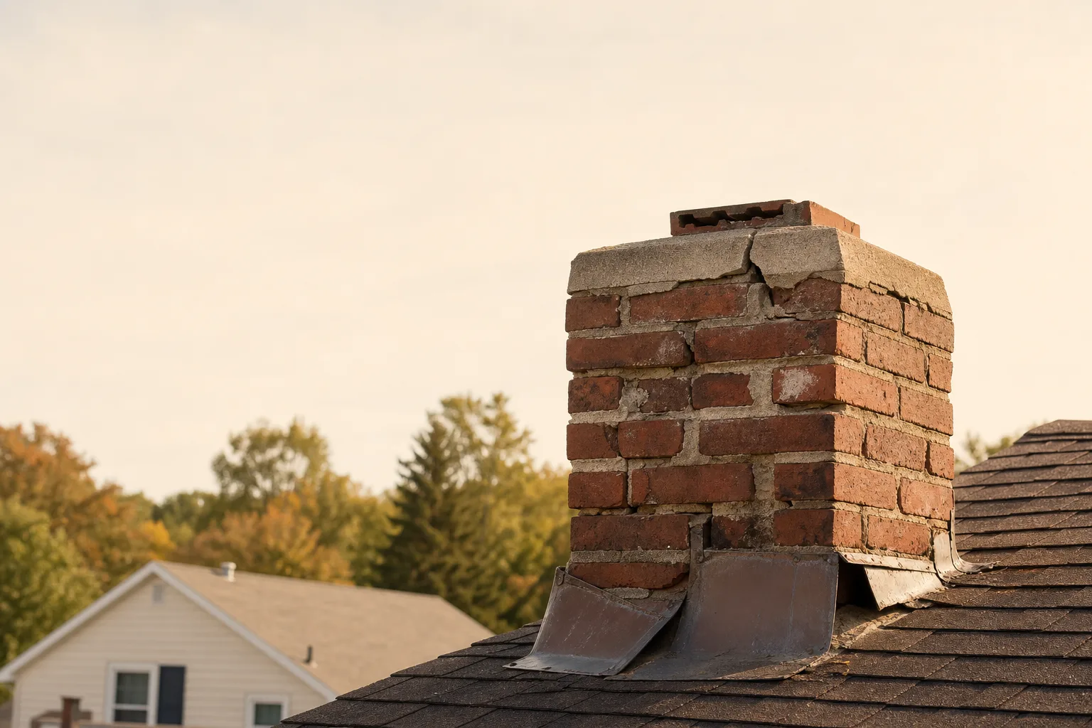 Brick chimney at roof level with a cracked crown, lifted flashing and no cap