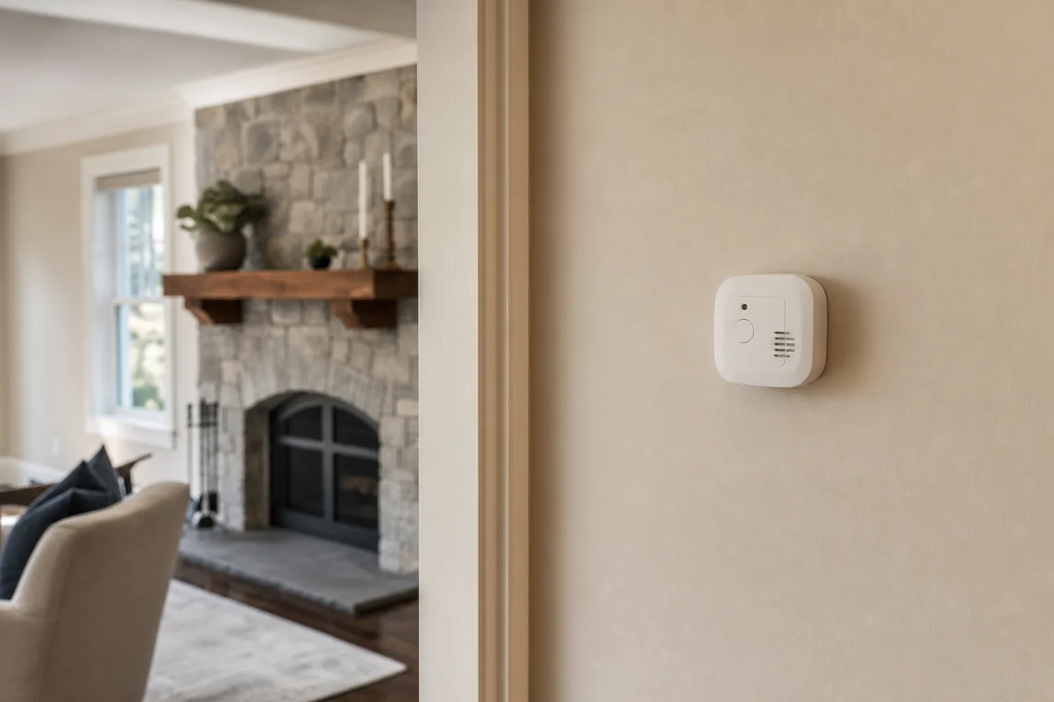 Carbon monoxide alarm mounted on a hallway wall near a living room fireplace Carbon monoxide alarm mounted on a hallway wall near a living room fireplace