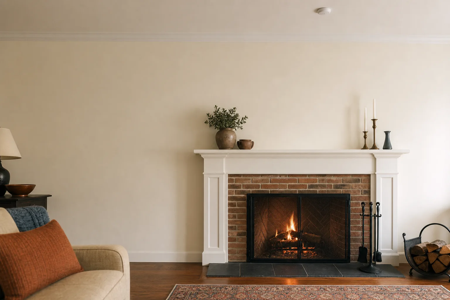 Small controlled fire behind a fireplace screen in a tidy room, smoke alarm on the ceiling