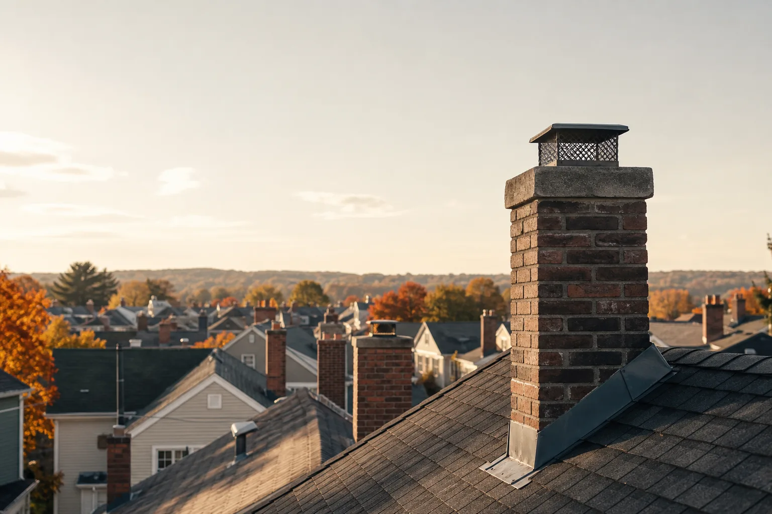 Rooftop view across a residential neighborhood with dozens of chimneys in afternoon light