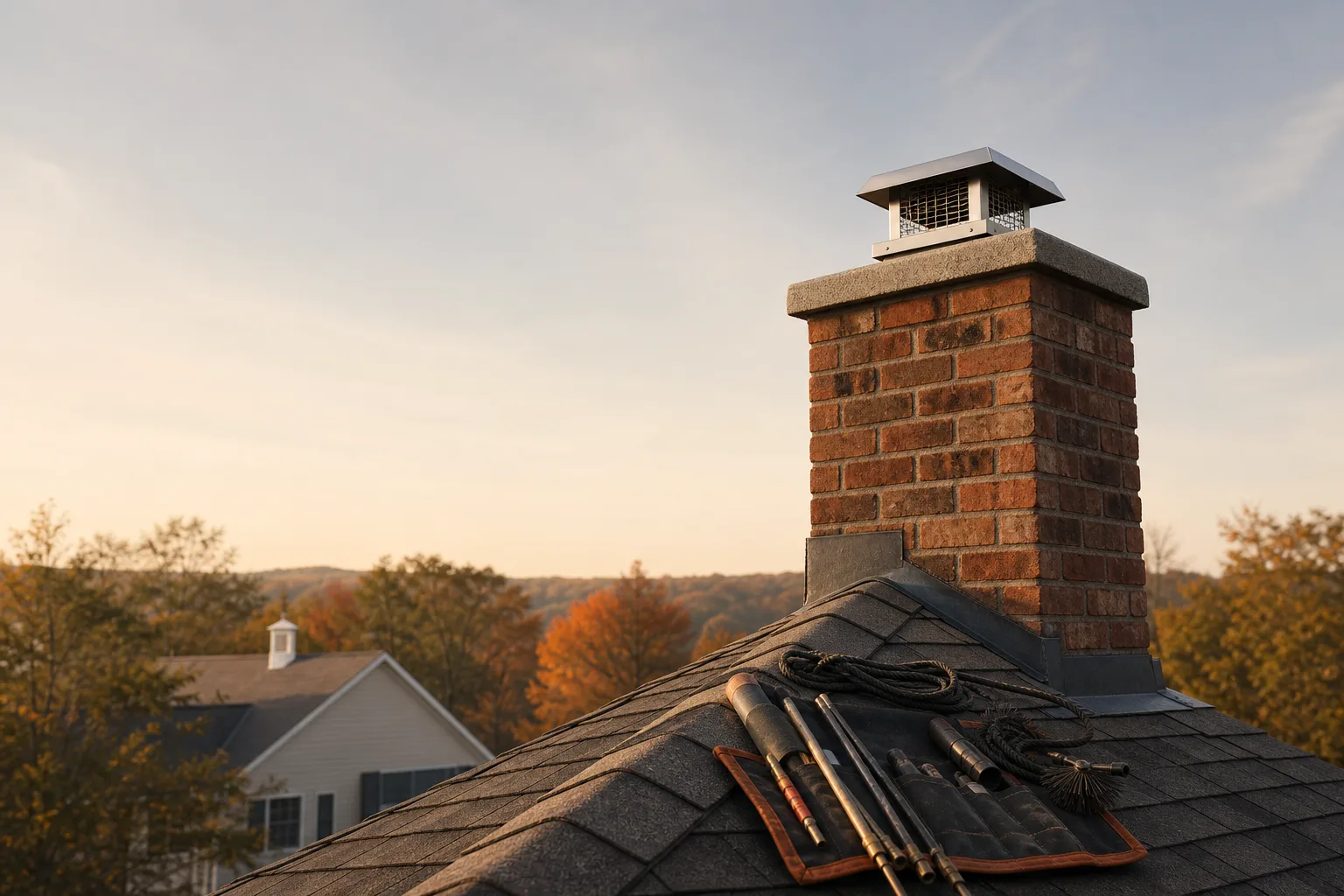 Brick chimney with stainless cap seen along a roof ridge, tools laid out on the shingles