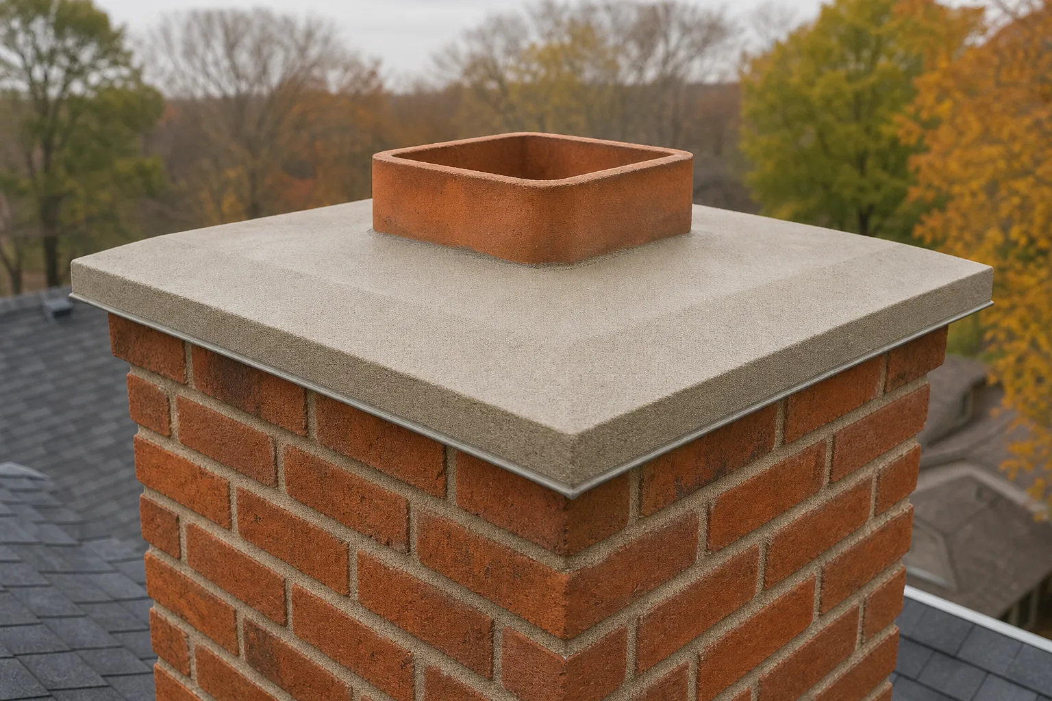 Repaired chimney crown sloping away from the flue with clean edges and an overhanging drip edge