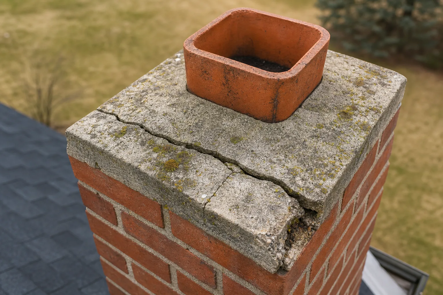 Cracked concrete chimney crown viewed from above, with a spalled corner and moss in the gaps