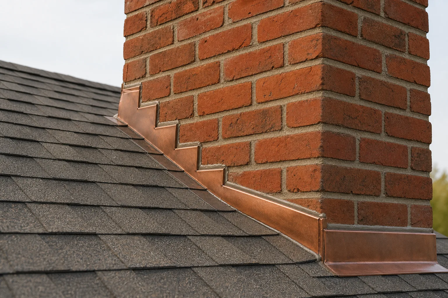 Step and counter flashing fitted tight to chimney brick above dry asphalt shingles