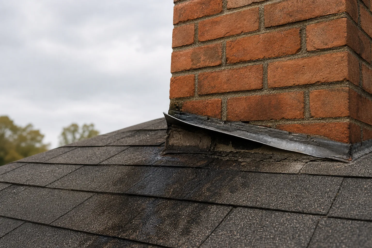 Chimney flashing lifted from the brick with cracked sealant and water stains on the shingles
