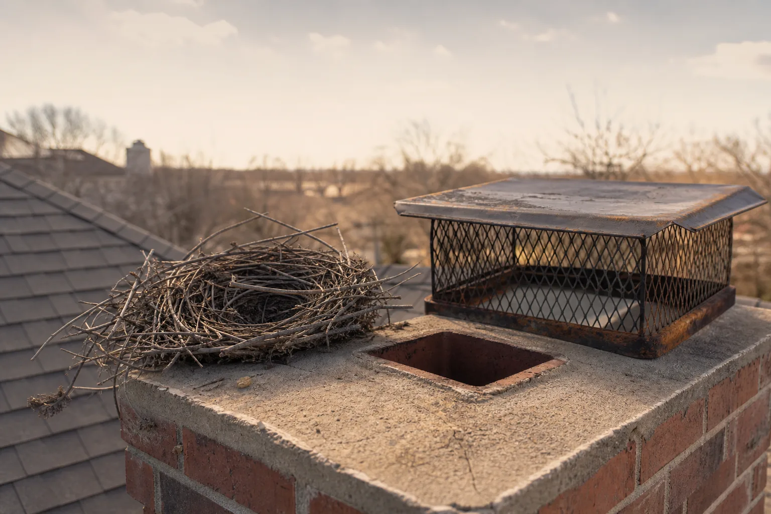 Twig bird nest pulled from a flue, resting on the roof beside the removed cap