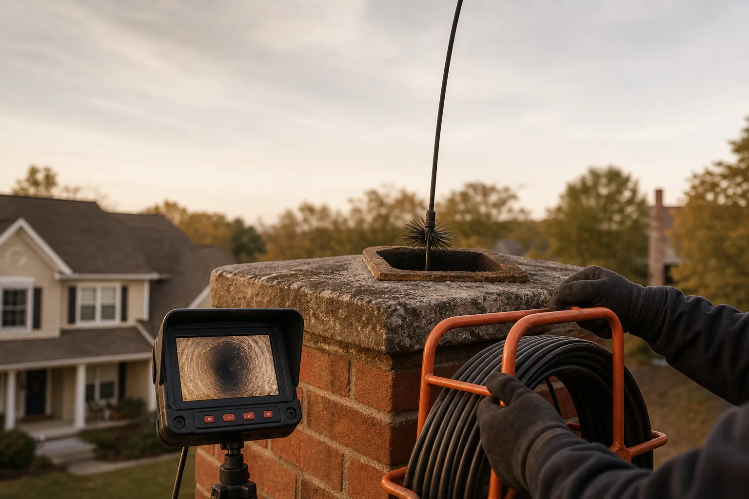 Hands lowering an inspection camera into a flue as the monitor shows the liner